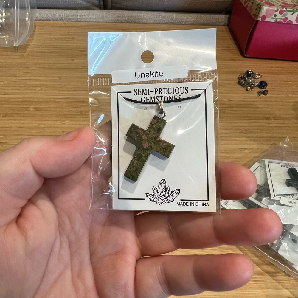 Unakite Stone Cross Necklace – Semi-Precious Gemstone